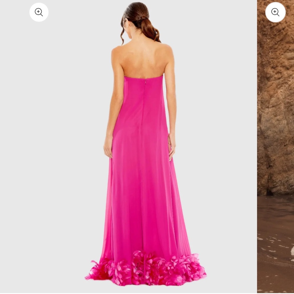 Mac Duggal Hot Pink Strapless Maxi Gown with Feather Hem - Picture 3 of 8